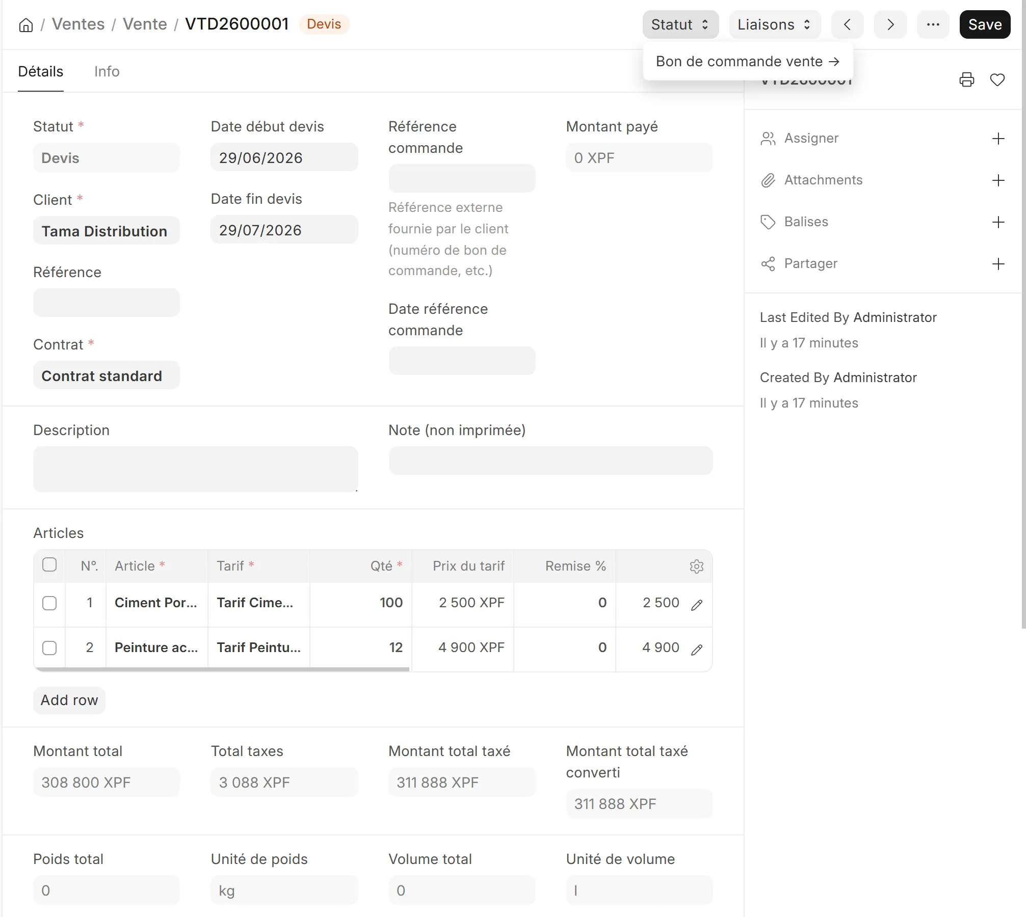 Menu « Statut » ouvert sur une Vente au statut Devis, montrant l’option « Bon de commande vente → »