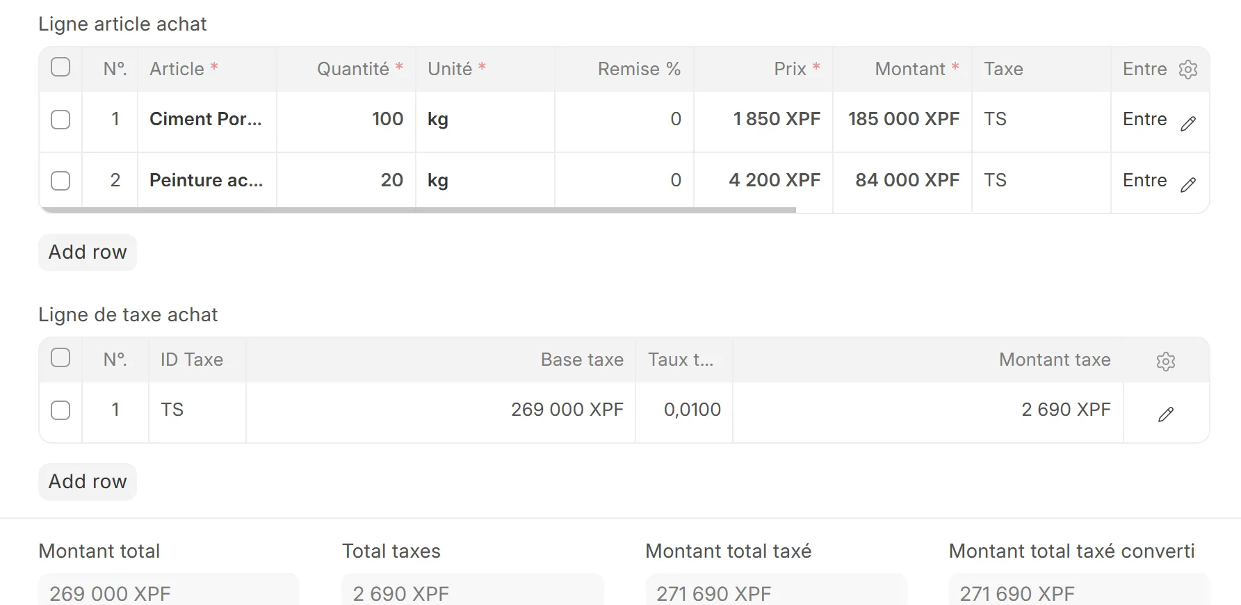 Lignes d’un Achat au statut « Bon de commande achat » : articles avec quantité, prix et montant, ligne de taxe et totaux