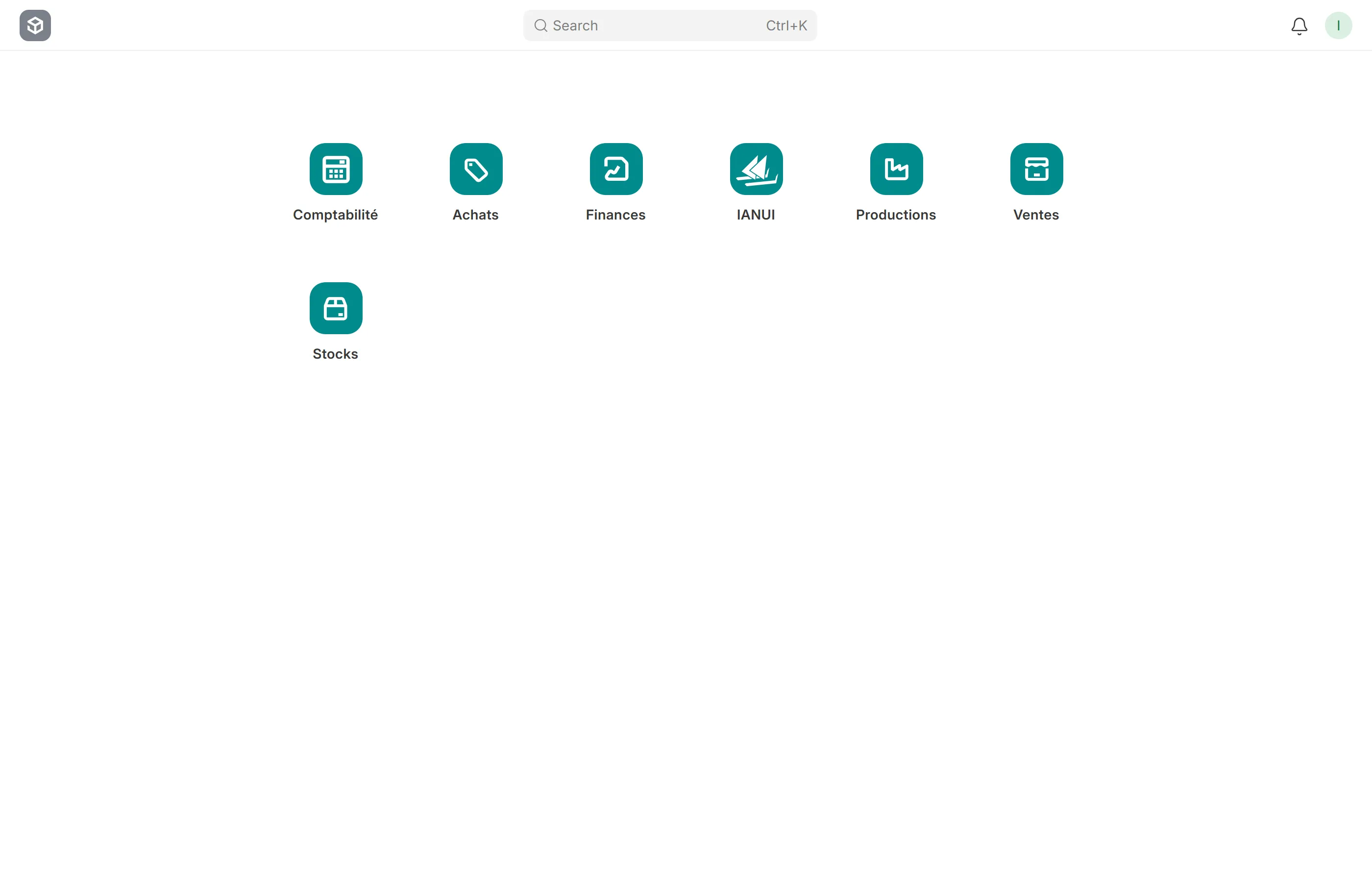 Écran d’accueil d’IANUI : les espaces de travail (Comptabilité, Achats, Finances, IANUI, Productions, Ventes, Stocks) présentés en cartes