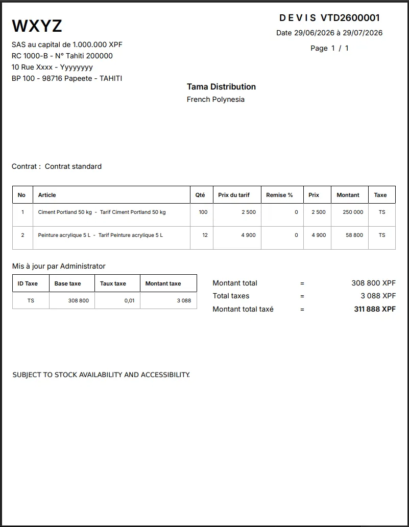 Aperçu PDF d’un devis IANUI : en-tête de l’entreprise, client, lignes d’articles, taxes et totaux