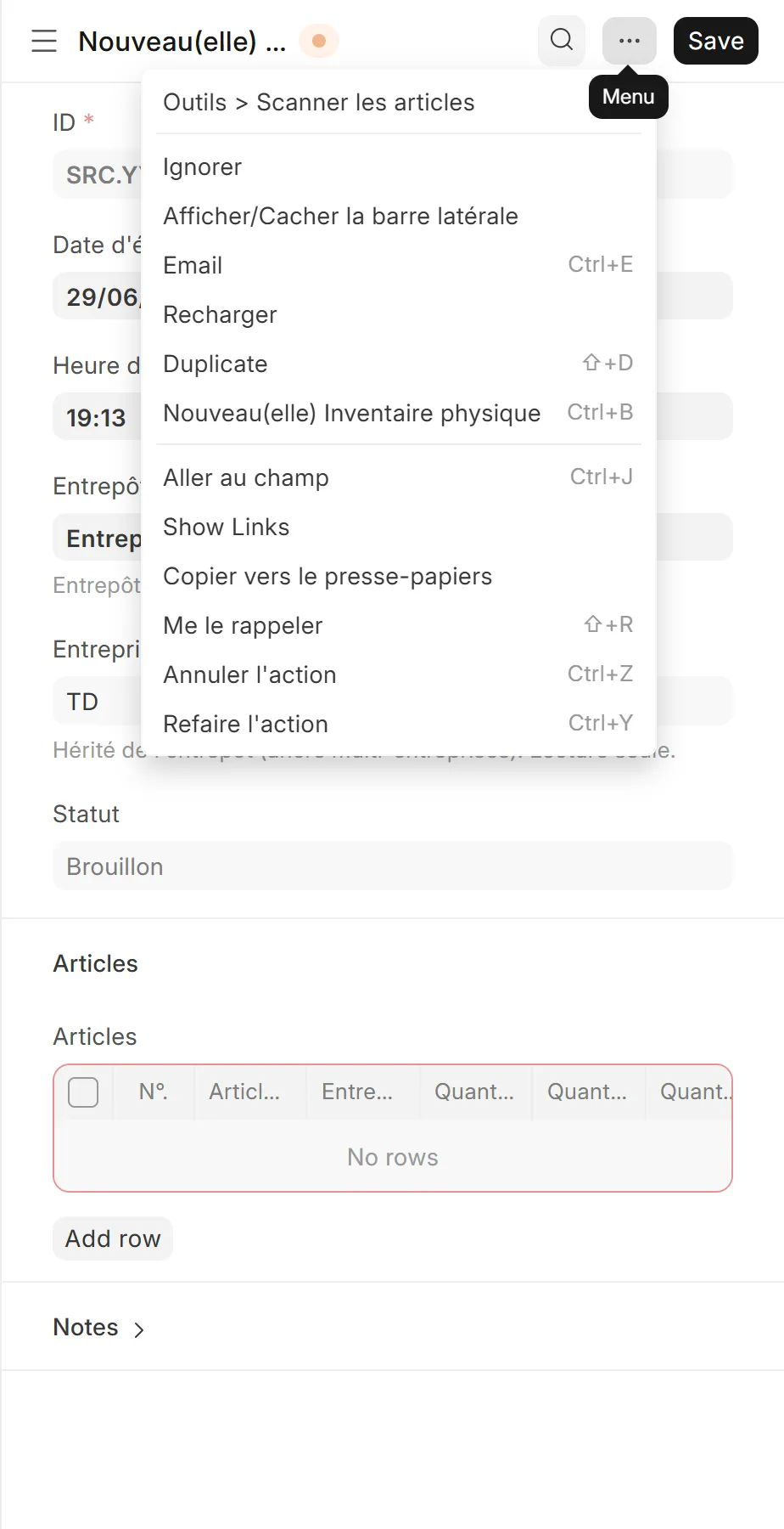 Menu « ⋯ » d’un inventaire sur mobile, option « Outils → Scanner les articles »