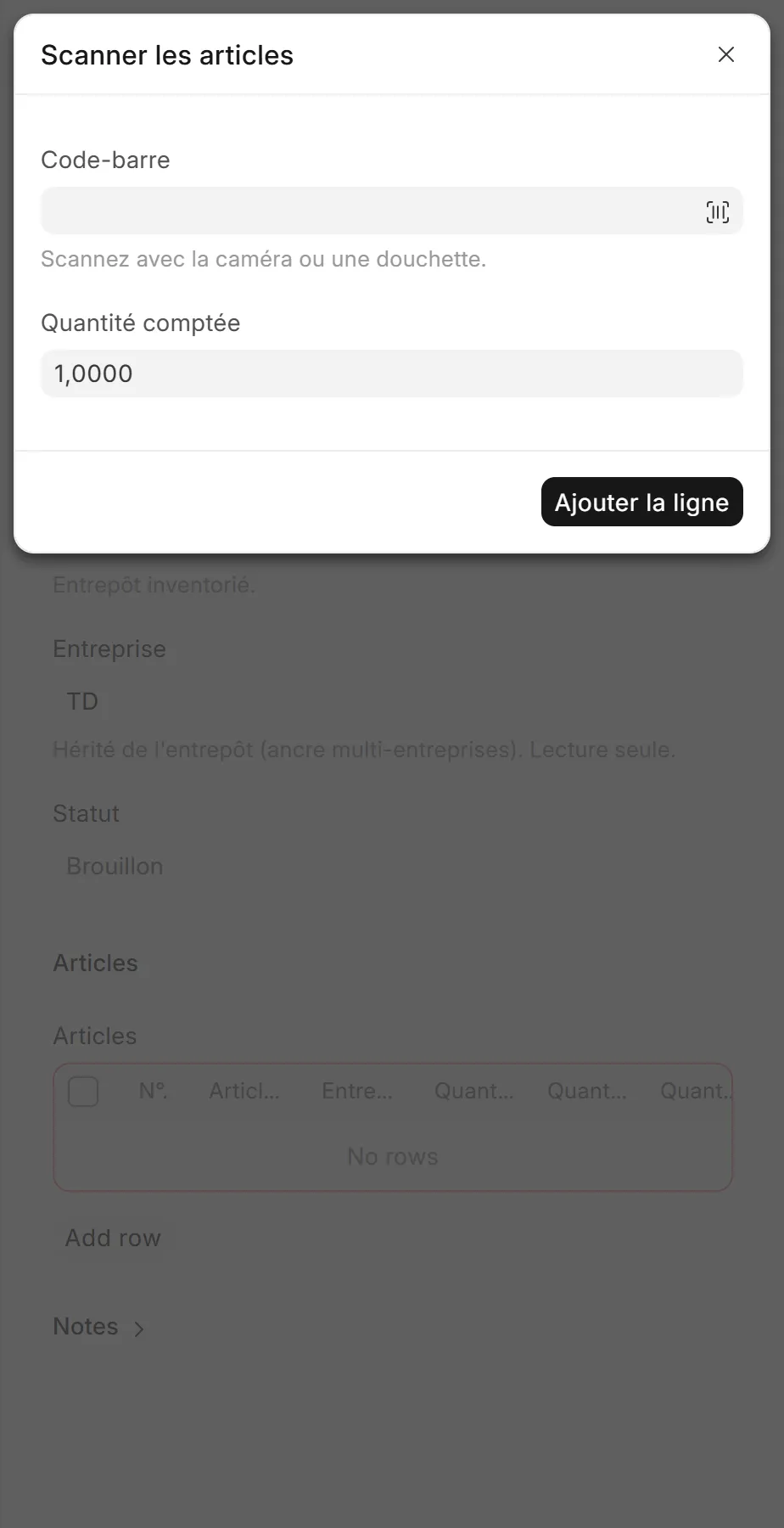 Fenêtre « Scanner les articles » sur mobile : champ code-barre (caméra ou douchette) et quantité comptée